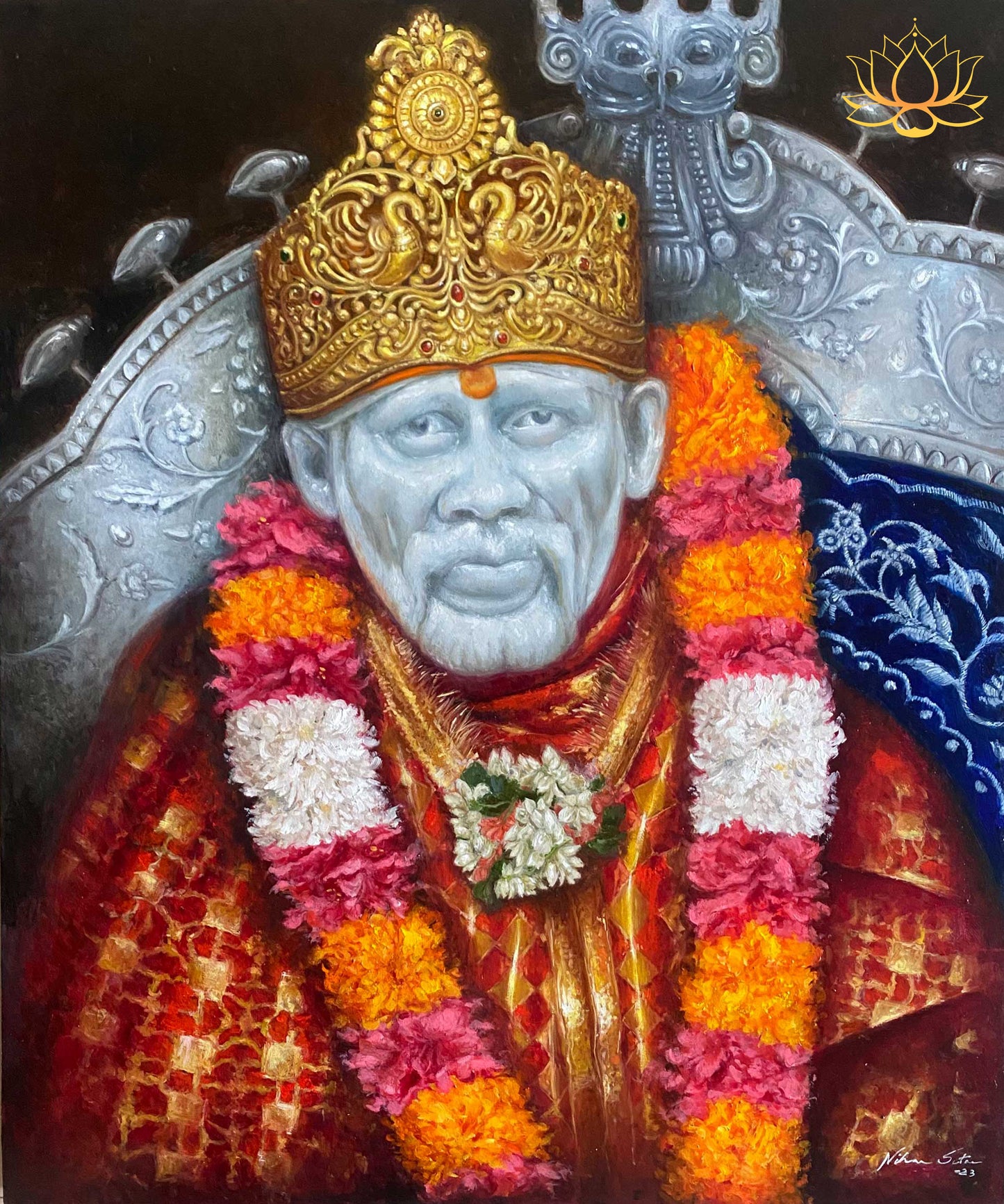 Sai Baba Adorned with Floral Garland and Golden Crown | Oil Painting | 30" x 36"