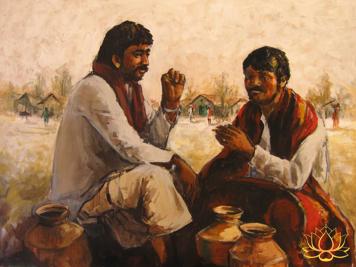 Traditional Scene of Two Men Conversing in Rural Setting | Oil Painting | 40" x 30"