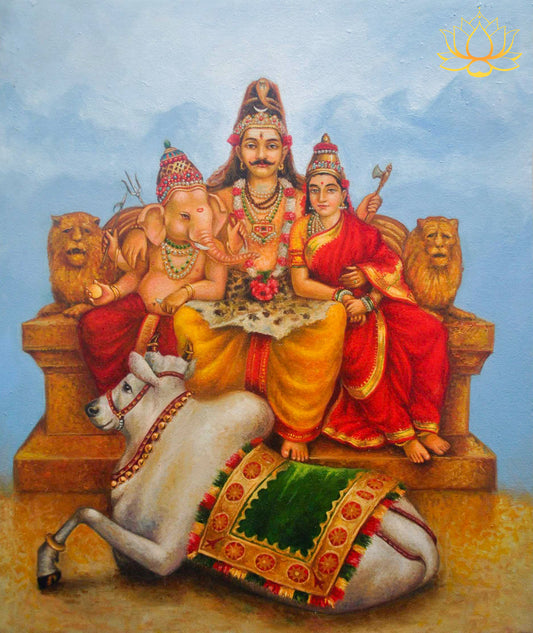 Parvati, Shiv and Ganesh enthroned on Mount Kailas with Nandi  | Oil Painting | 23" x 28"
