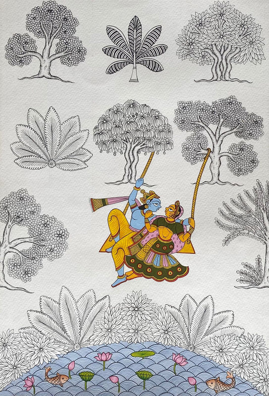A Joyous Swing Scene between Radha and Krishna | Phad Painting | Folk Art | 15" x 22"