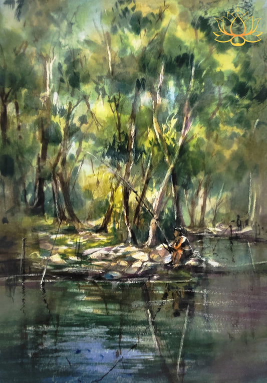 Serene Nature Scene with Man Fishing by Tranquil River | Watercolor Painting | 11" x 16"