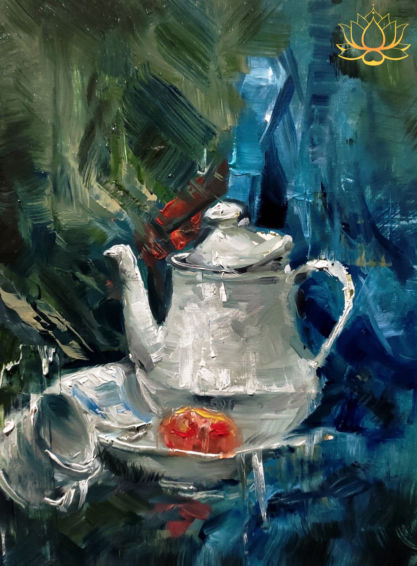 Artistic Still Life of Teapot and Fruit in Abstract Style | Oil Painting | 8" x 11"
