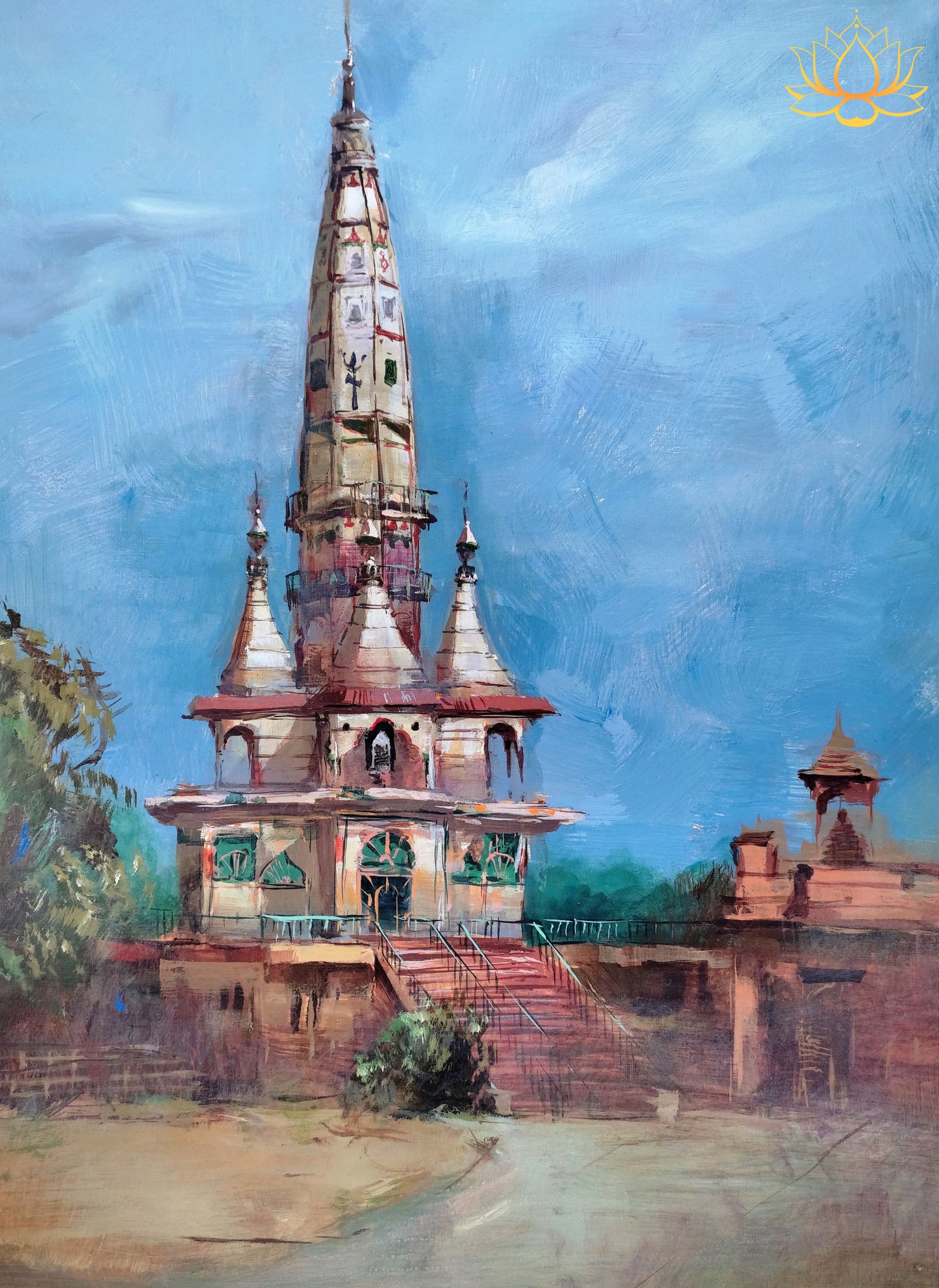 Shiv Temple Architecture Captured in Vibrant Acrylic Painting | 16" x 23"