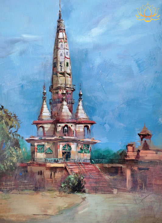Shiv Temple Architecture Captured in Vibrant Acrylic Painting | 16" x 23"