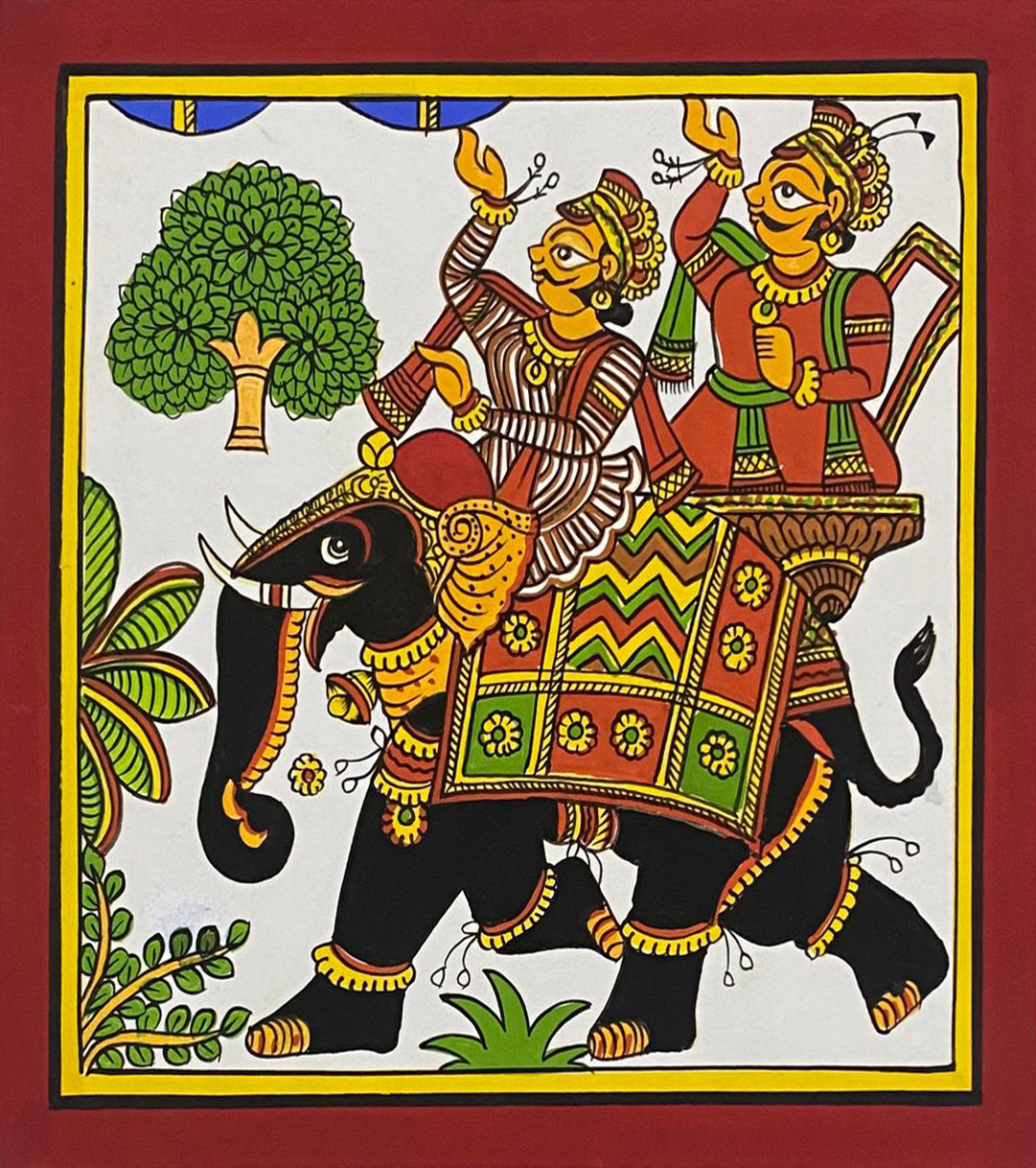 Colorful Indian Folk Art Painting of Two Figures on an Elephant | Phad Painting | 10" x 10"