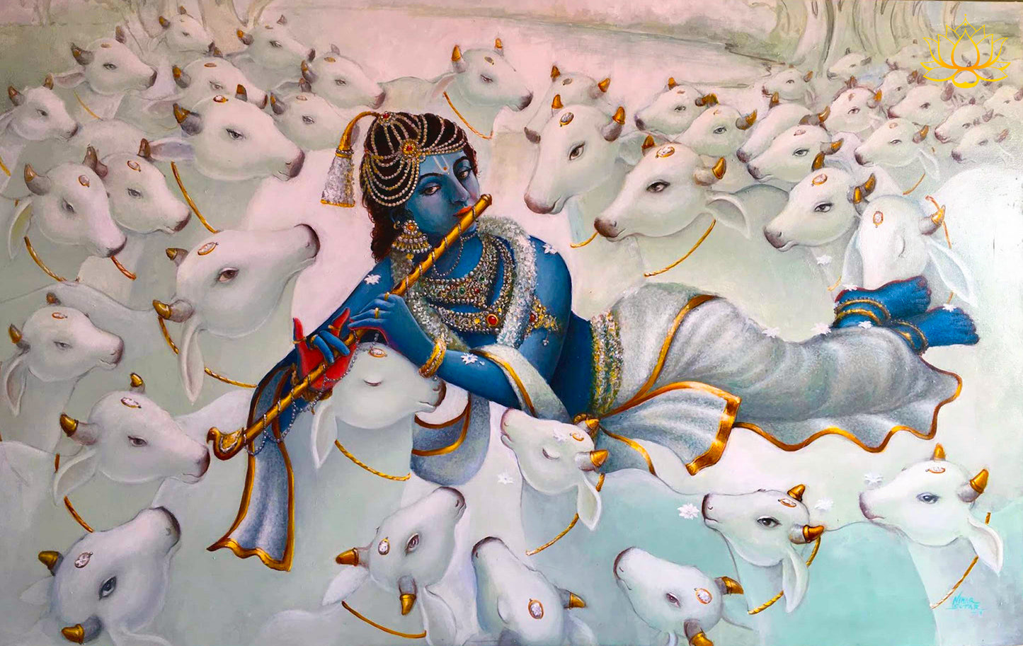 Divine Artwork of Krishna Playing Flute Among Cows | Oil Painting | 65" x 41"